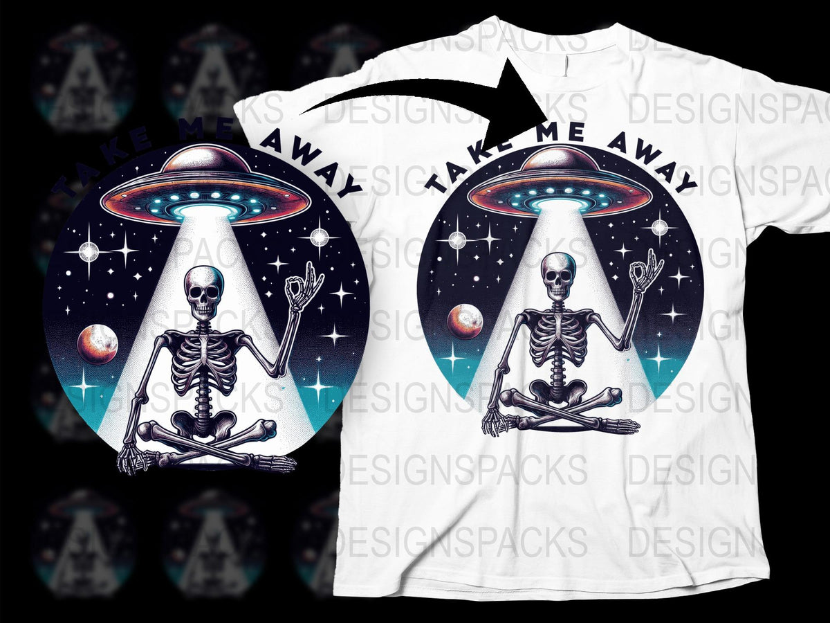 Alien Abduction Skeleton T-Shirt, UFO Space Graphic Tee, Sci-Fi Themed Apparel, Unisex Cotton Shirt