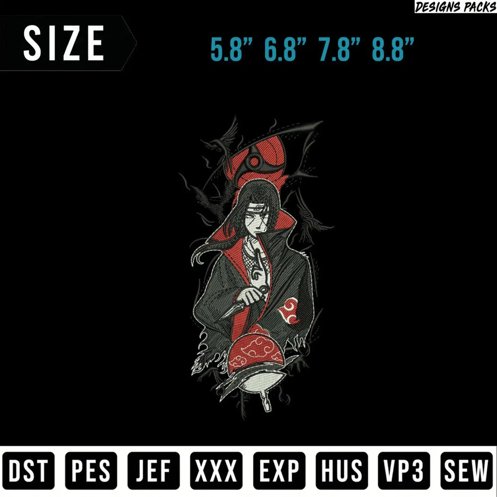 Naruto character Itachi Uchiha embroidery design with size options.
