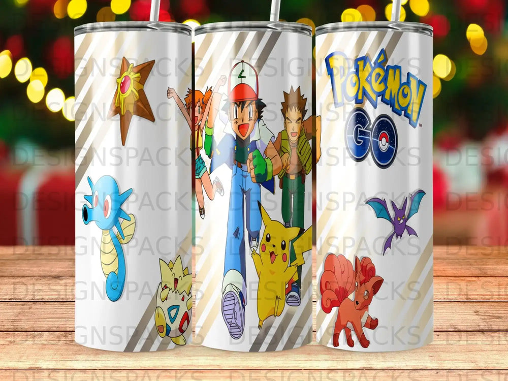 Pokemon characters Ash, Pikachu, Charmander, and Squirtle on a tumbler.