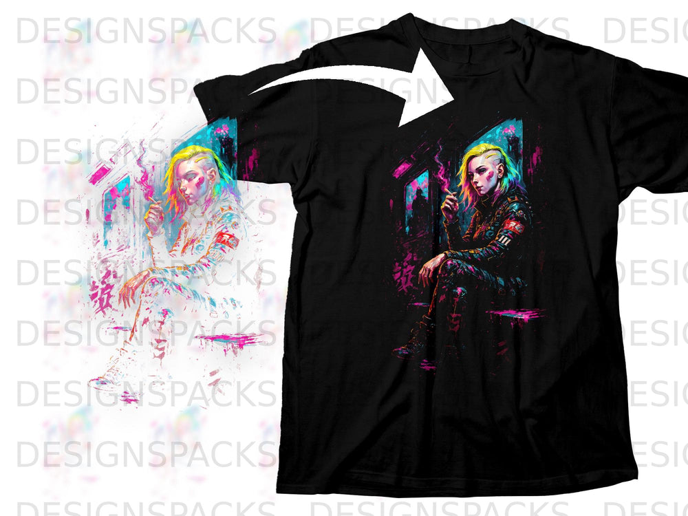 Black t-shirt featuring a punk woman with neon hair, smoking a cigarette, in a vibrant, graphic style.