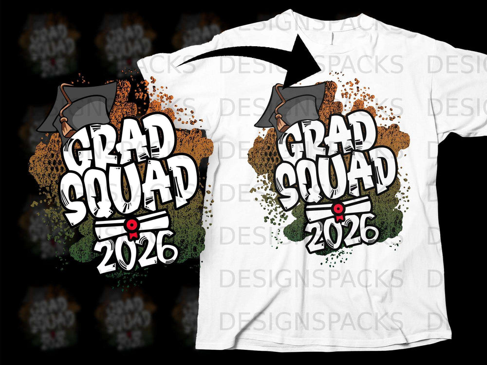 Grad Squad 2026 text graphic with graduation cap and diploma elements.