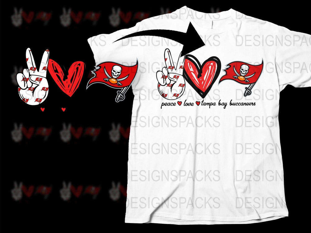 Tampa Bay Buccaneers T-Shirt, Peace Love Pirates Graphic Tee, Red and White NFL Fan Apparel