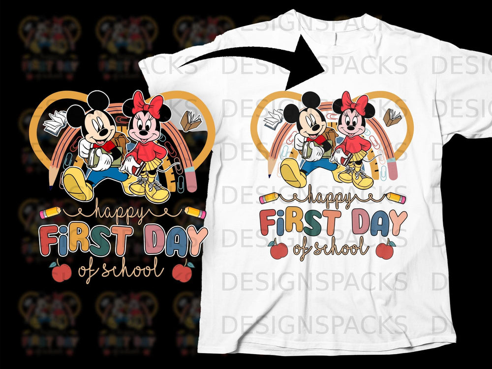 Mickey and Minnie Mouse celebrate happy first day of school with rainbow and school supplies.