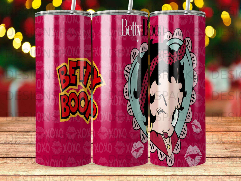 Betty Boop and XOXO pattern on a cylindrical tumbler.