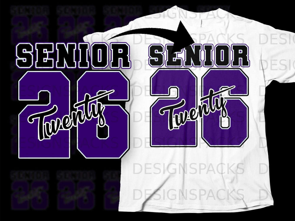 Purple "Senior 26 Twenty" graphic design on a white t-shirt.