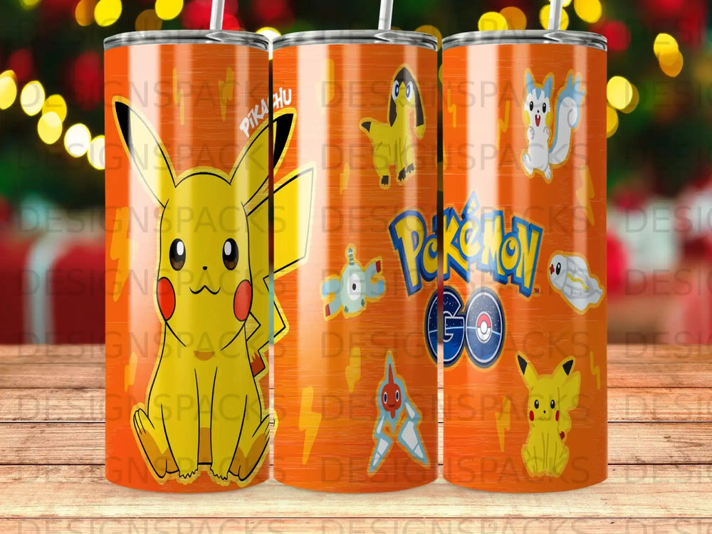 Three orange tumblers with Pikachu and Pokémon Go characters.