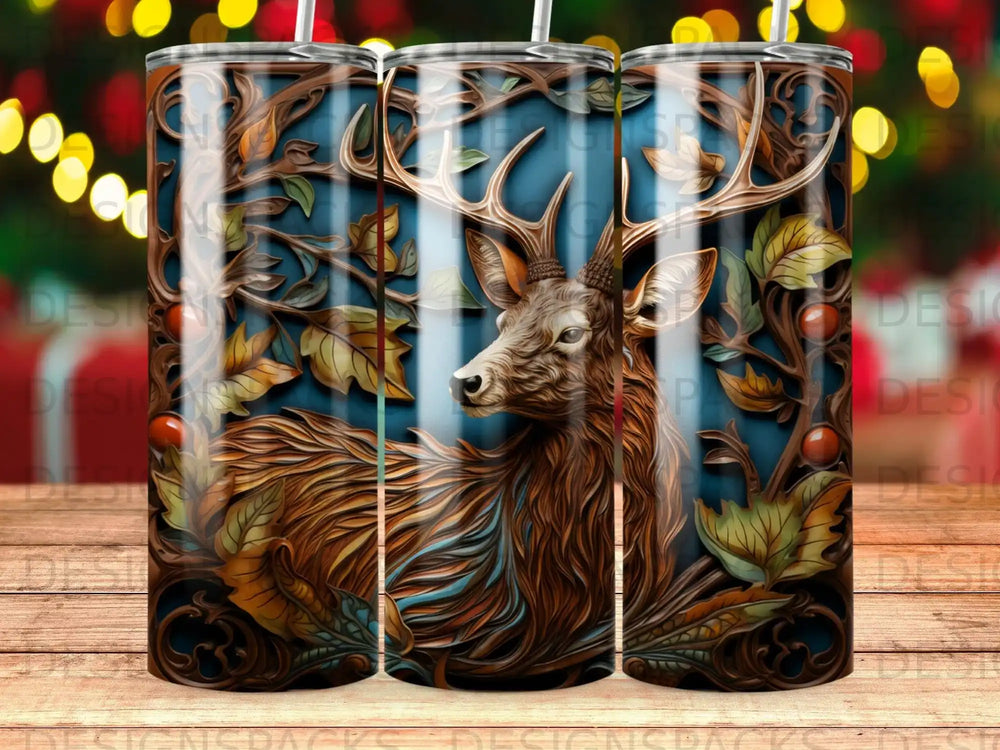 Deer with antlers on a dark background with autumnal leaves and berries.