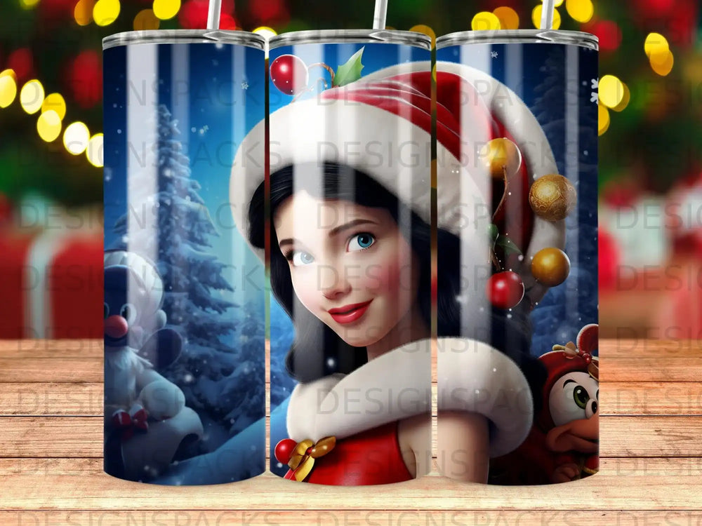 Snow White in a Santa hat with Mickey Mouse in a snowy forest.
