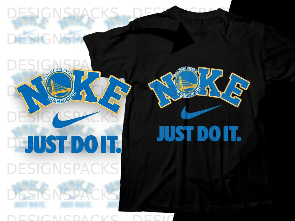 Black t-shirt with Golden State Warriors logo and "JUST DO IT." text.