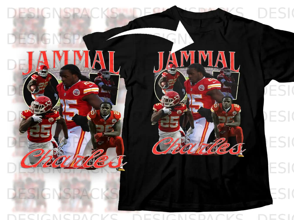 Black t-shirt with collage of Jamaal Charles in Kansas City Chiefs uniform.