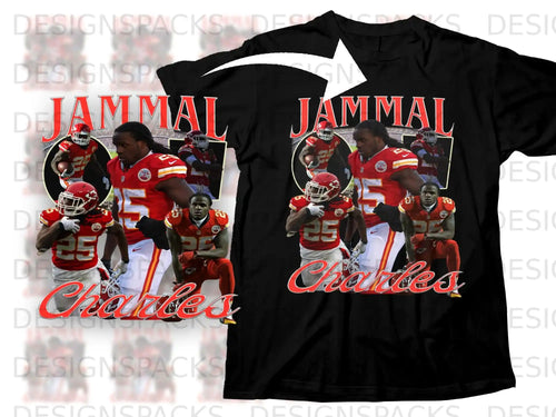 Black t-shirt with collage of Jamaal Charles in Kansas City Chiefs uniform.