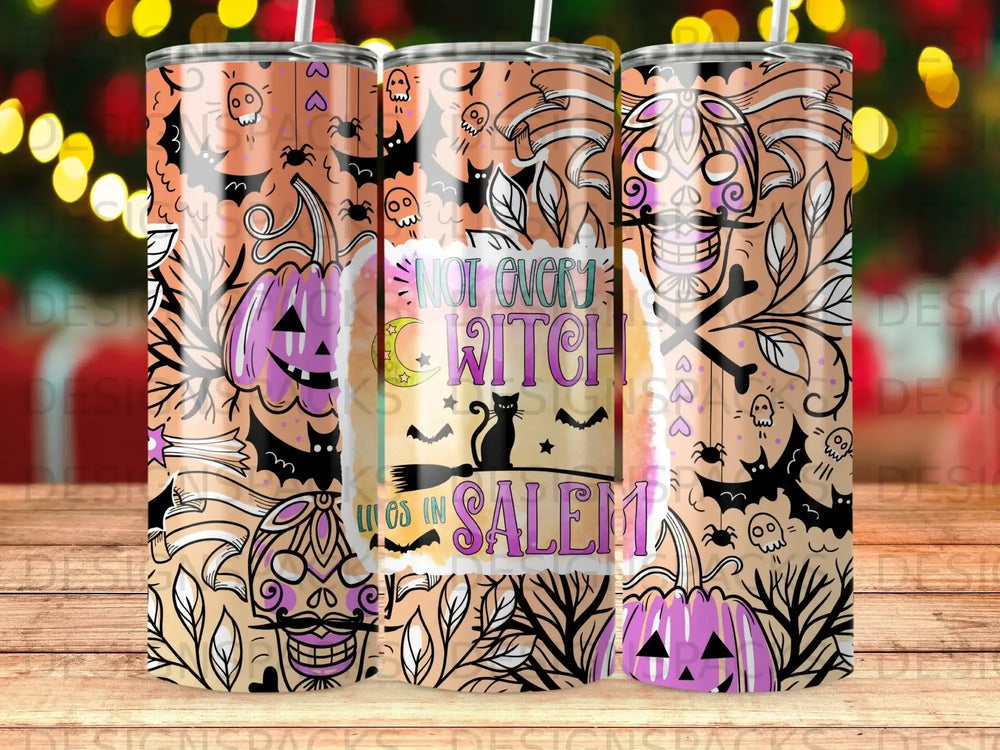 Halloween tumbler with "Not every witch lives in Salem" text and spooky illustrations.