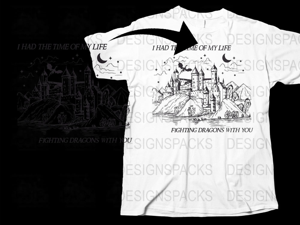 Fantasy Castle and Dragons T-Shirt, Medieval Adventure Graphic Tee, Gothic Style Clothing