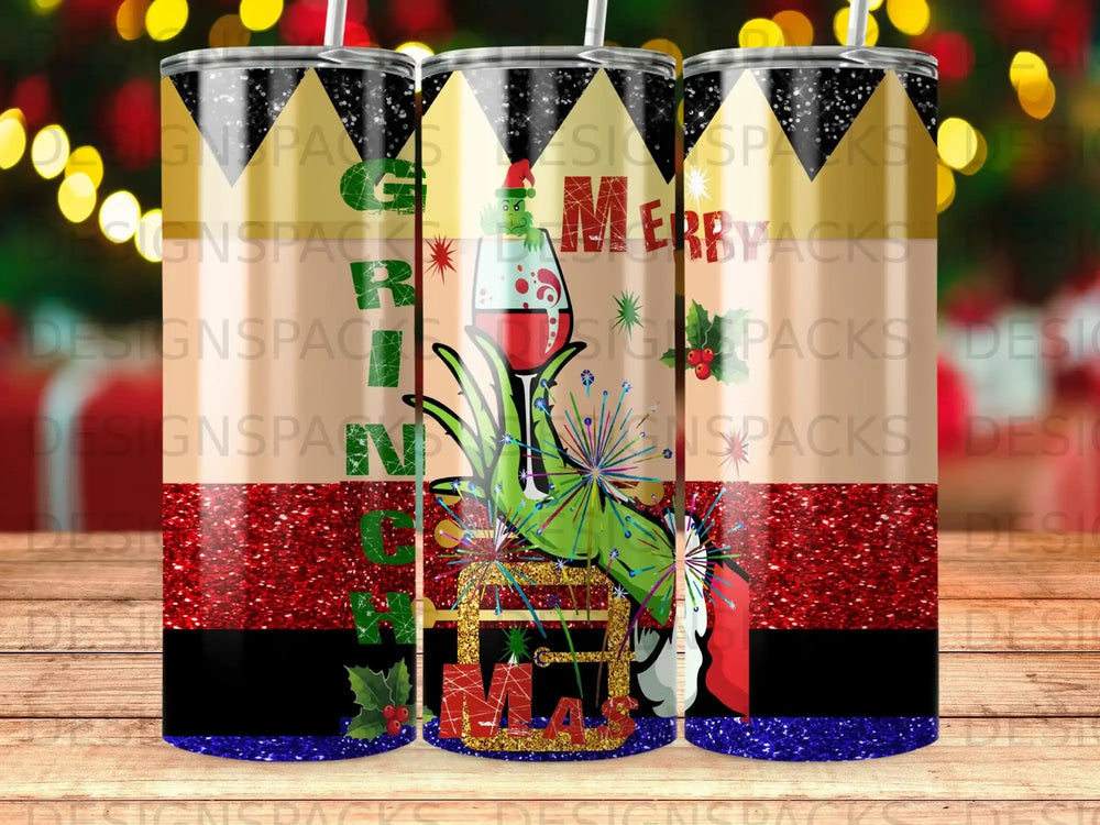 Green Grinch hand holding a wine glass with "Merry Christmas" text.