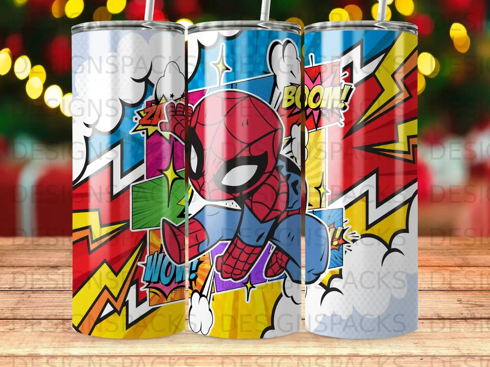 Spider-Man in a comic book style with "BOOM!" and "WOW!" sound effects.