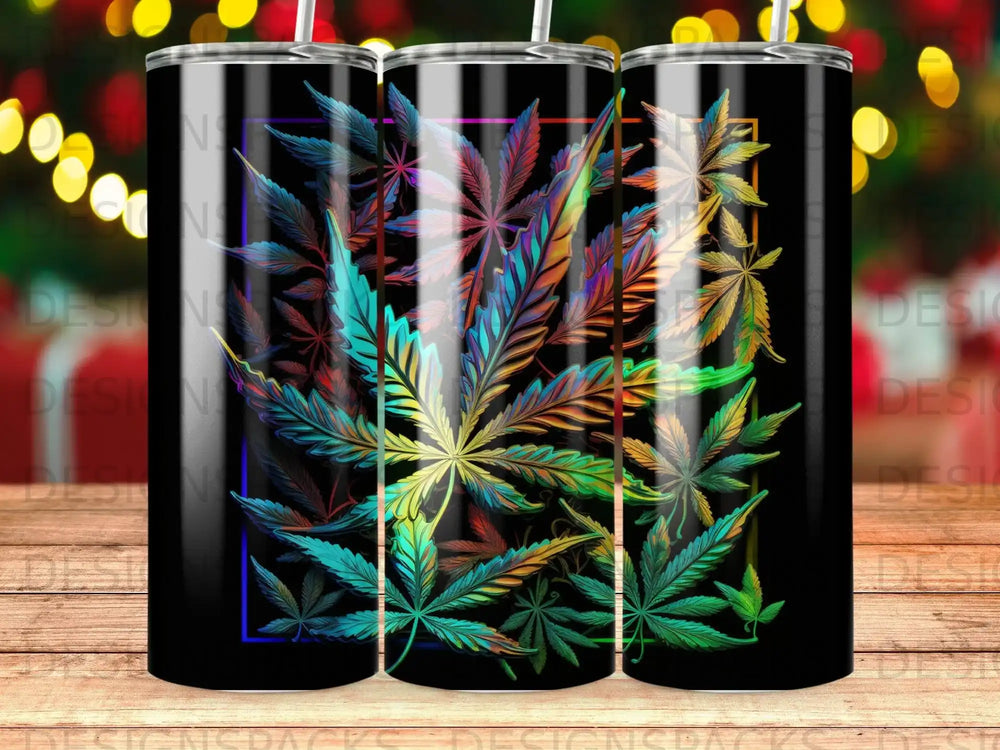 Colorful cannabis leaves design on a black tumbler.
