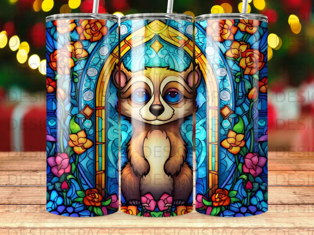 Stained glass raccoon and floral pattern tumbler with bokeh lights background.