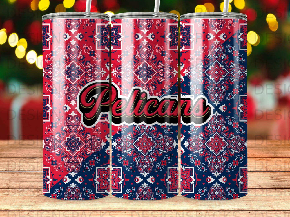 Red, blue, and white bandana pattern tumbler with "Pelicans" text.