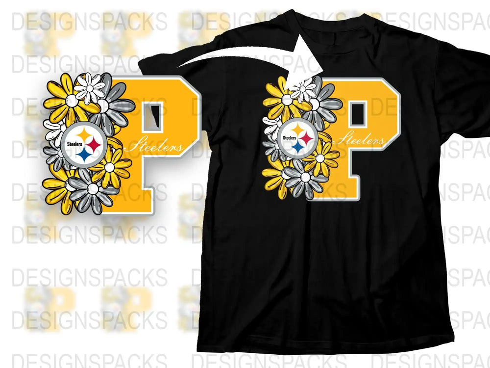 Pittsburgh Football Themed Floral T-Shirt, Daisy Sunflower Sports Fan Apparel, Black and Yellow Jersey Style Tee