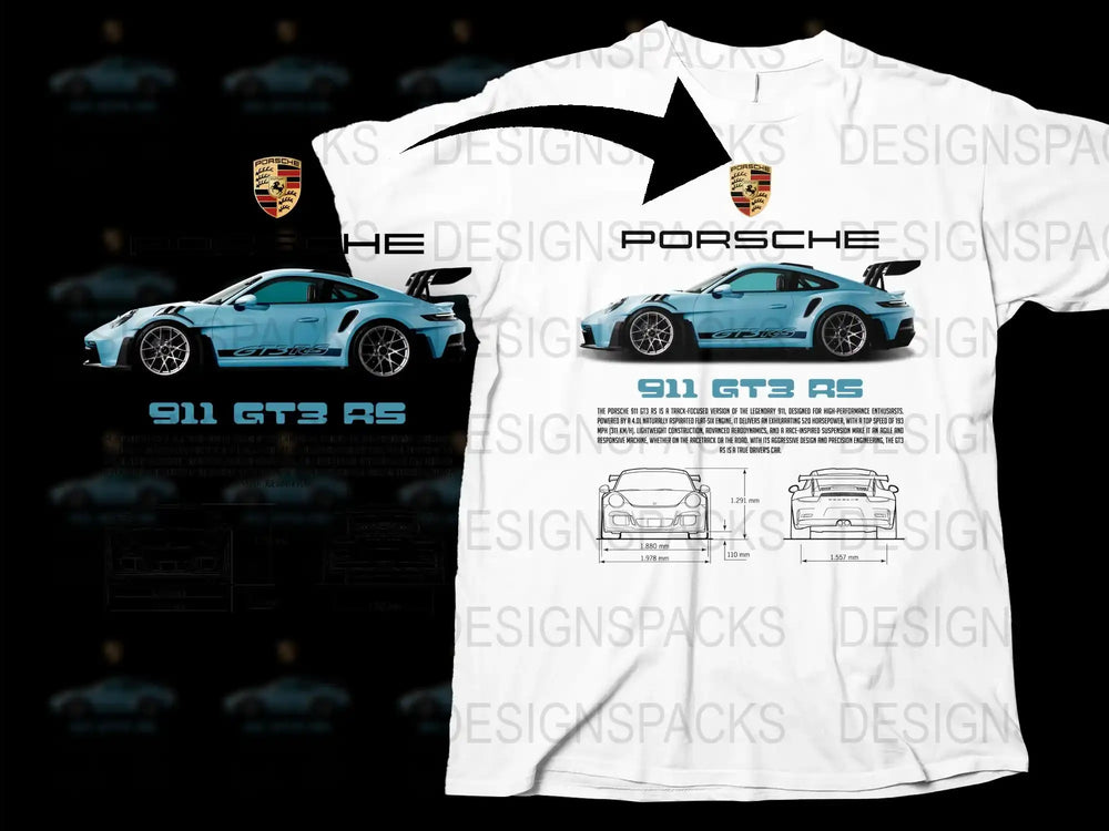 Porsche 911 GT3 RS T-Shirt, Car Enthusiast Gift, Automotive Tee, Racing Apparel, Sports Car Design, White Cotton Shirt