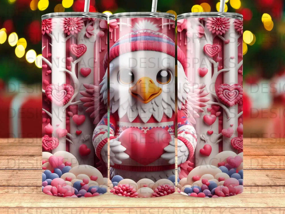 Eagle in winter hat and sweater holding heart, surrounded by hearts and trees.