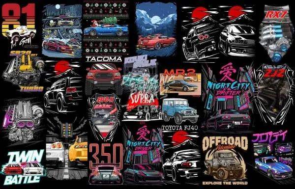 Car-themed graphic designs for DTF/DTG, embroidery, and tumbler wraps featuring iconic models and vibrant art.