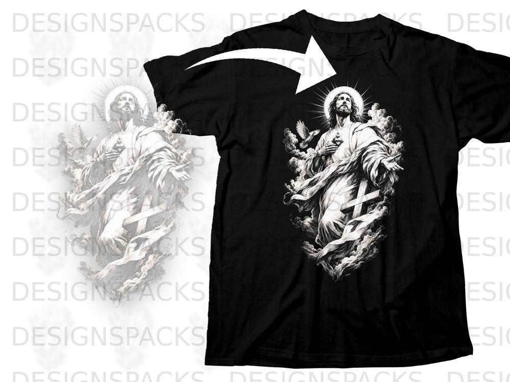 Black t-shirt with graphic of Jesus and a dove with a halo.