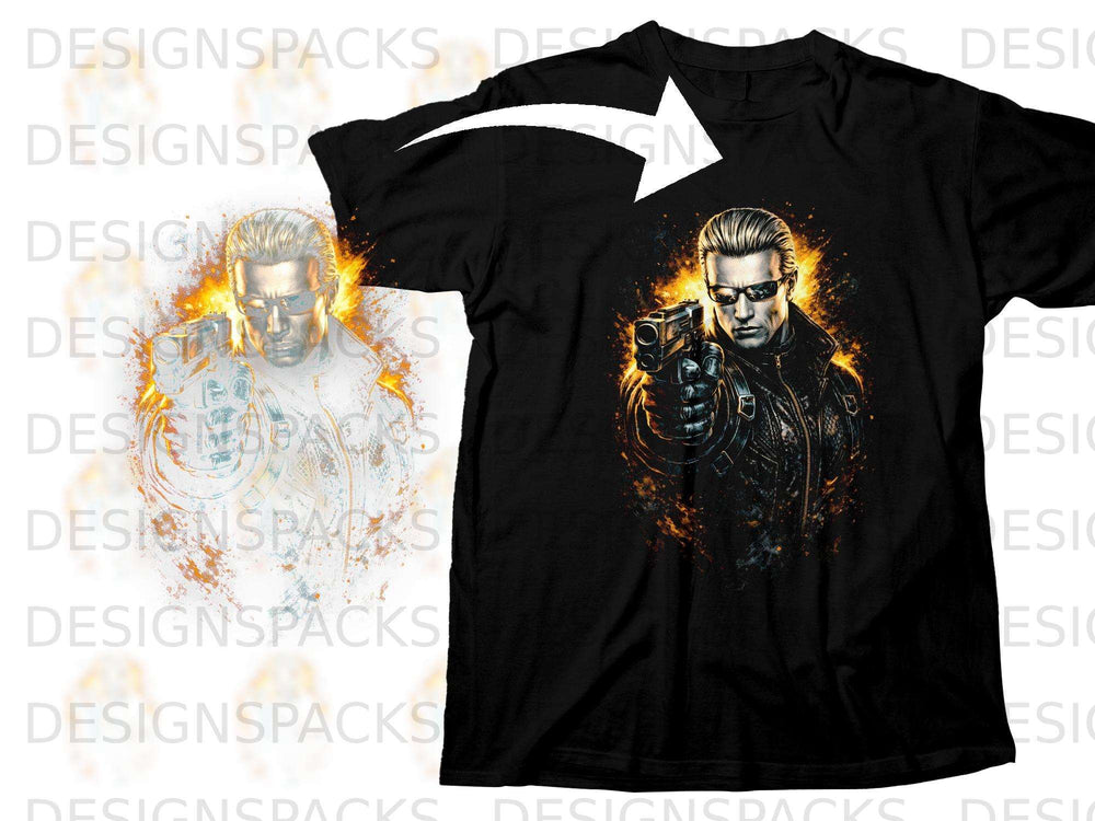 Black t-shirt with a distressed graphic of a man holding a gun, surrounded by fire.