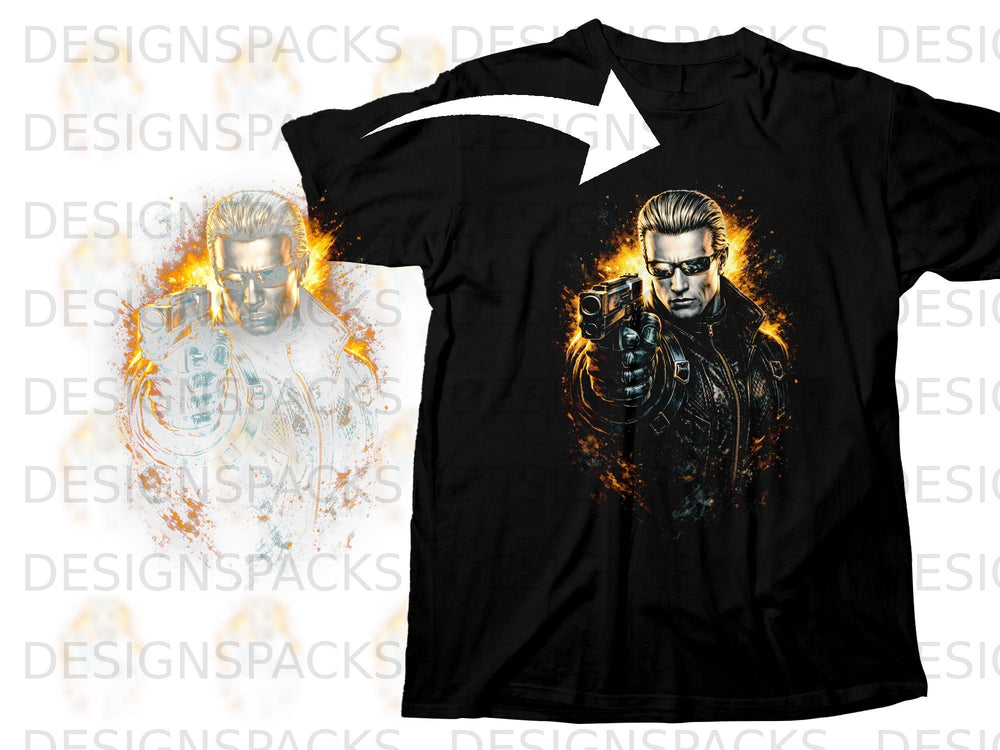 Black t-shirt with a distressed graphic of a man holding a gun, surrounded by fire.