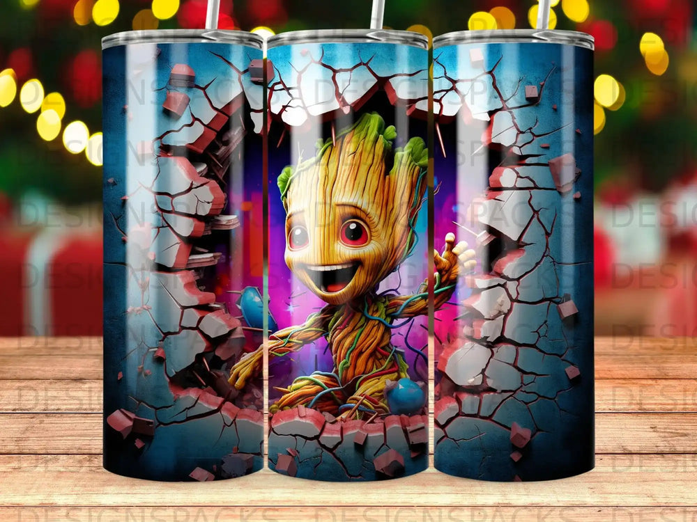 Baby Groot emerging from a cracked wall with festive lights.