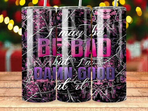 Pink camo tumbler with text 