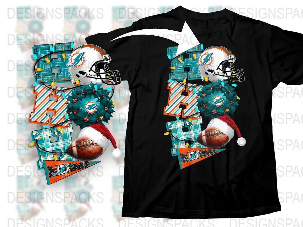Miami Dolphins Themed Santa Claus Football Helmet T-Shirt, Festive Sports Apparel for Fans