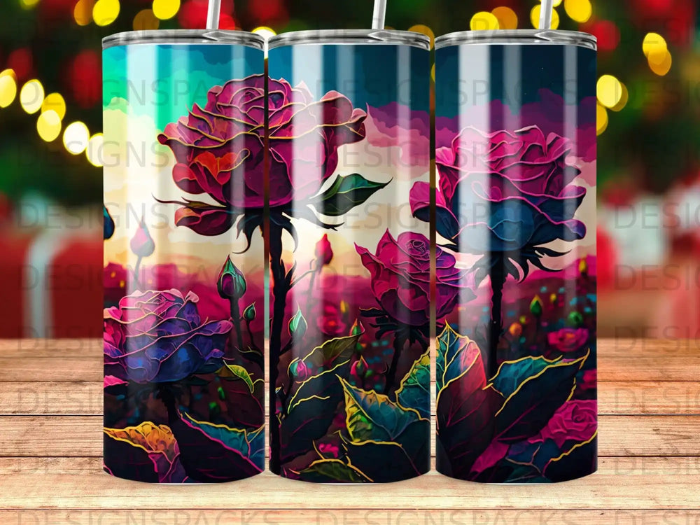 Three tumblers featuring a vibrant, close-up illustration of purple and pink roses.