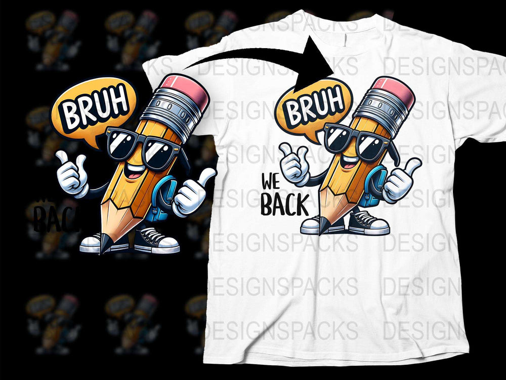 Cool Pencil Character T-Shirt, Funny Cartoon Graphic Tee, 'Bruh We Back' Slogan Shirt for Adults and Teens