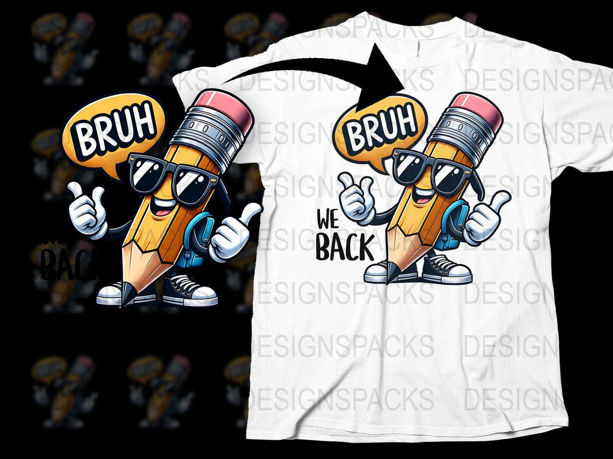 Cool Pencil Character T-Shirt, Funny Cartoon Graphic Tee, 'Bruh We Back' Slogan Shirt for Adults and Teens