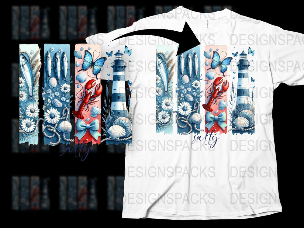 Nautical T-Shirt with Lighthouse, Octopus, Anchor, Sea Shells, Butterfly Design