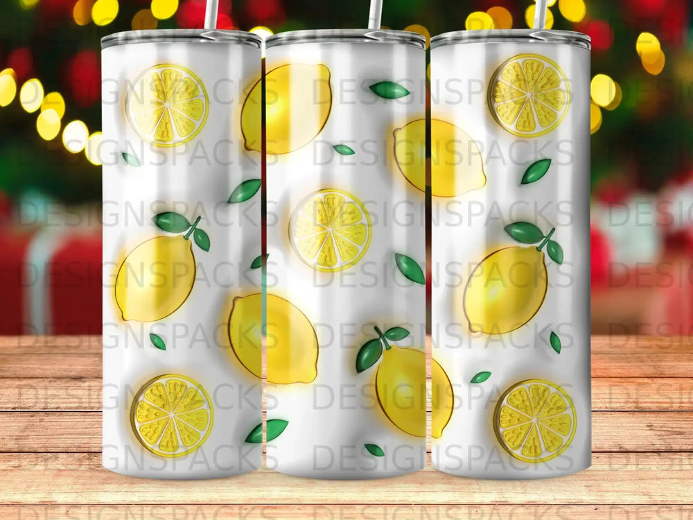 Tumbler with repeating yellow lemon slice pattern and "DESIGNSPACKS" watermark.