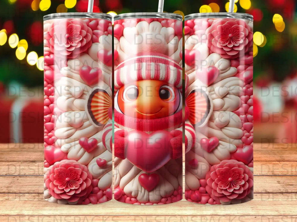 Clownfish in winter hat holding heart, surrounded by flowers and hearts.