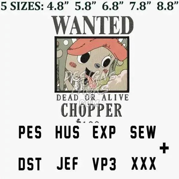 Tony Chopper Wanted One Piece Anime Embroidery Design