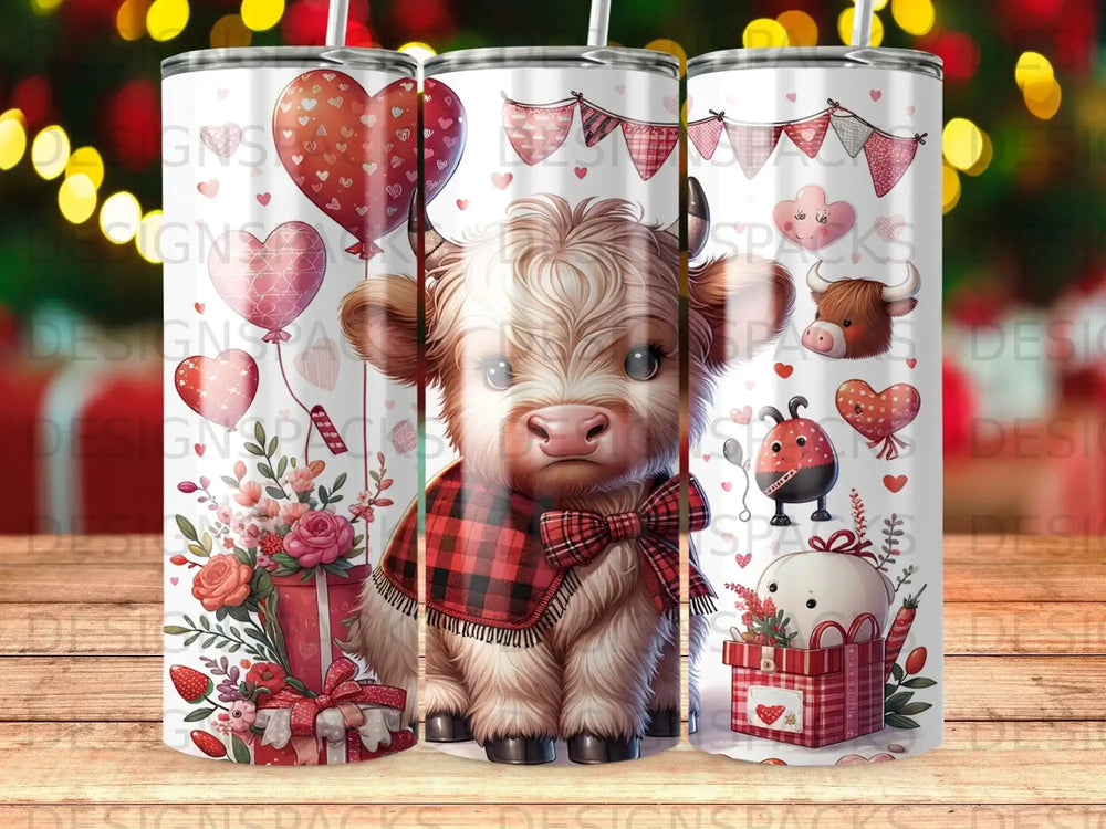 Cute highland cow with hearts and Valentine's Day gifts.