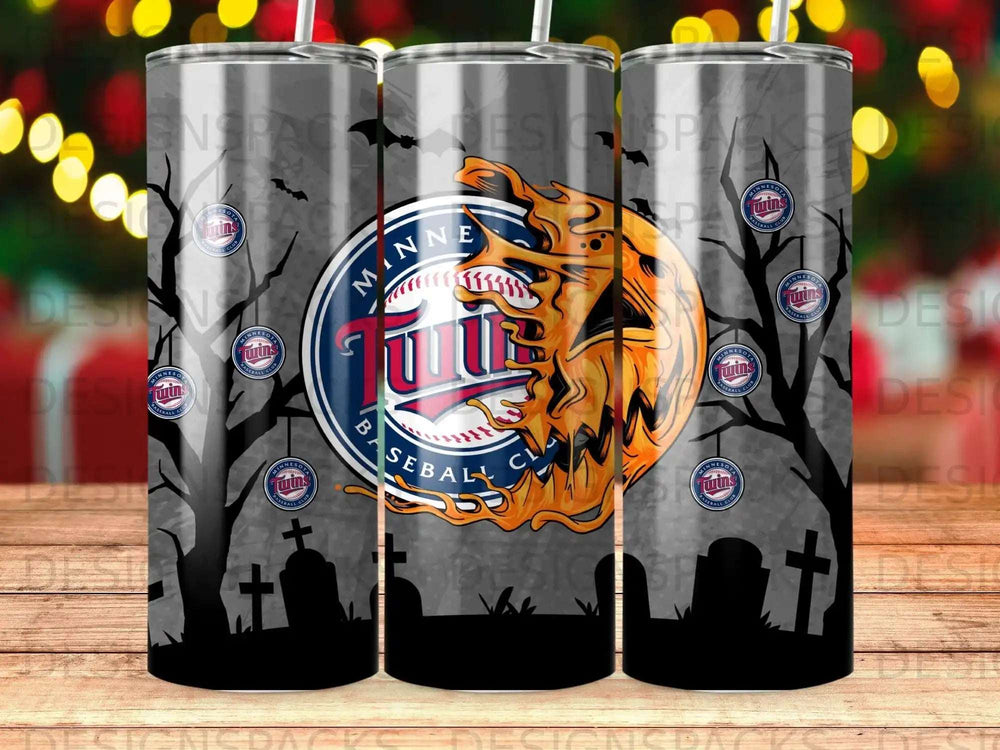 Minnesota Twins baseball club logo on a spooky Halloween-themed tumbler.