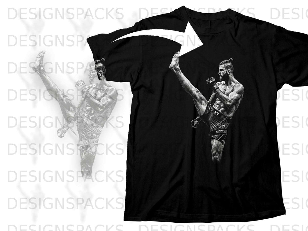 Black t-shirt with a monochrome graphic of a UFC fighter performing a kick.