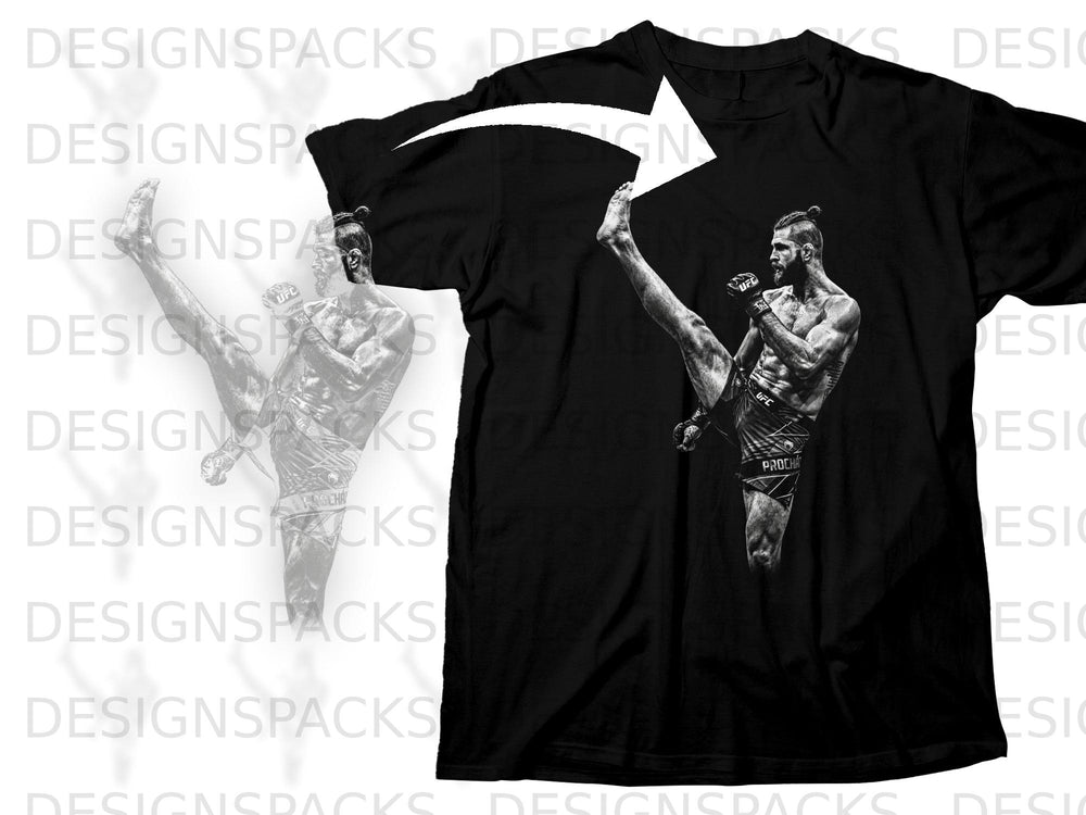 Black t-shirt with a monochrome graphic of a UFC fighter performing a kick.