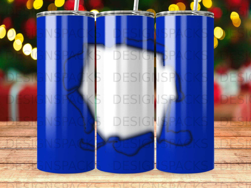 Blue tumbler with white and gray "Designspacks" logo repeating.