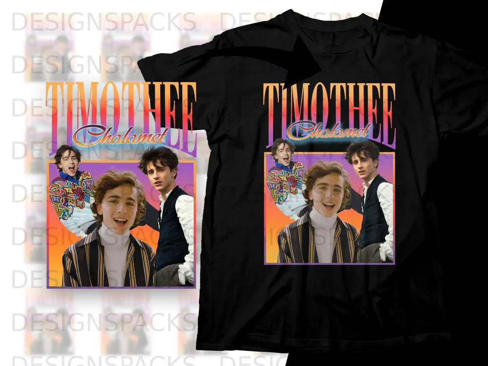 Timothée Chalamet graphic t-shirt with vibrant abstract background.