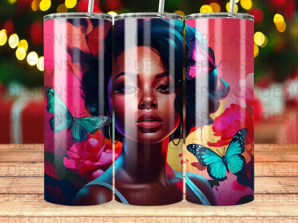 Woman with butterflies and flowers, colorful abstract background