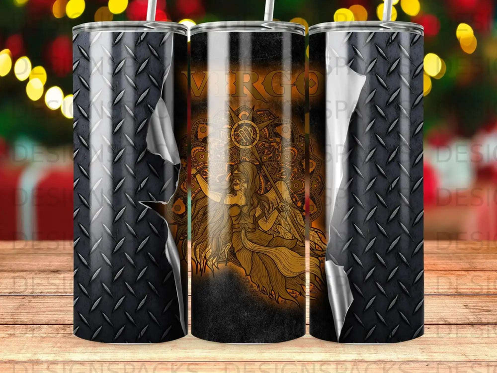 Virgo constellation design on a black tumbler with a diamond plate texture.