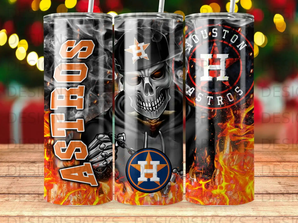 Houston Astros tumbler with skull and flames design.