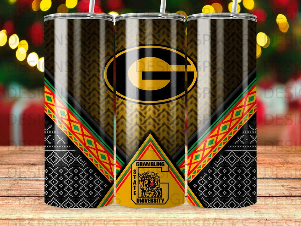 Grambling State University logo on a patterned tumbler.