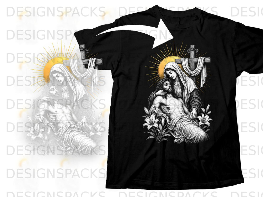 Jesus Christ on the cross with Mary, surrounded by lilies and a halo.